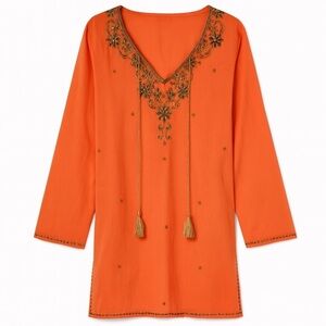 New Ranees Boho Tunic Dress Beach Coverup Summer Top Orange Gold Beaded Size XL